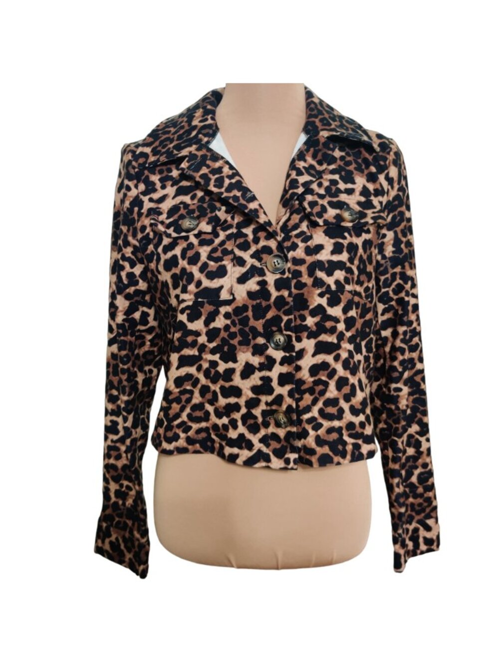 SHEIN Trucker Jacket Size S 4 Leopard Animal Print Cropped Button Front Mcbling - Picture 8 of 12
